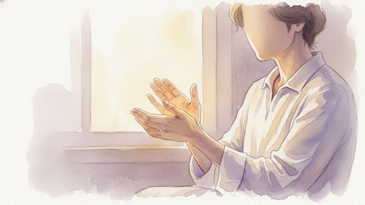 Personne assise au calme qui frotte doucement ses paumes, lumière chaude, illustration aquarelle