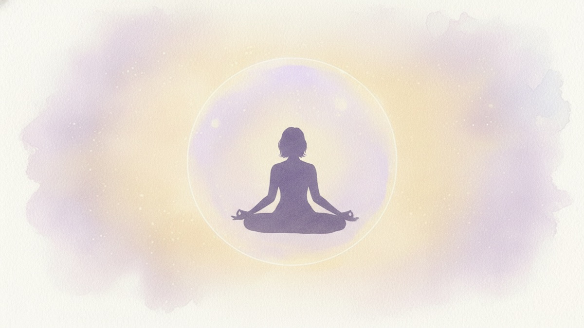 Personne en méditation entourée d'une bulle de lumière protectrice violette et dorée, illustration aquarelle