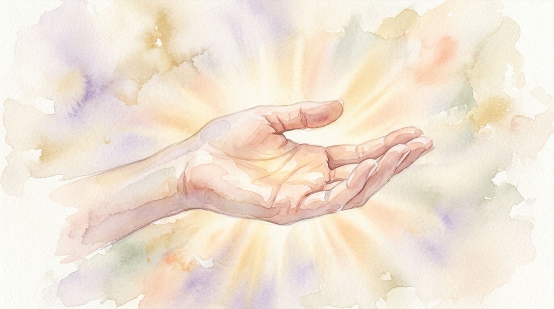 Une main ouverte entourée d'une douce chaleur lumineuse, illustration aquarelle dans les tons or et lavande