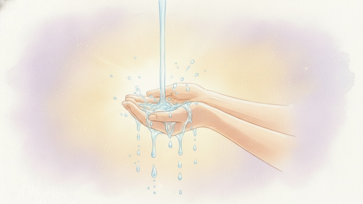 Mains passées sous l'eau fraîche après un soin énergétique, lumière dorée, illustration aquarelle