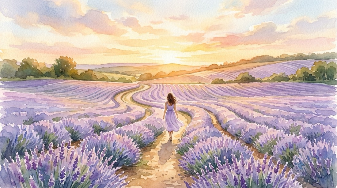 Femme marchant sereinement sur un chemin dans un champ de lavande au coucher du soleil