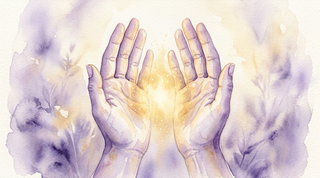 Deux paumes face à face avec un coussin de lumière dorée entre elles, illustration aquarelle lavande et or